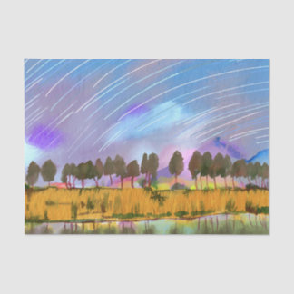 Rural scene with star trails landscape watercolor tissue paper
