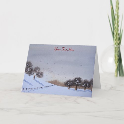 Rural snow scene landscape at christmas holiday card