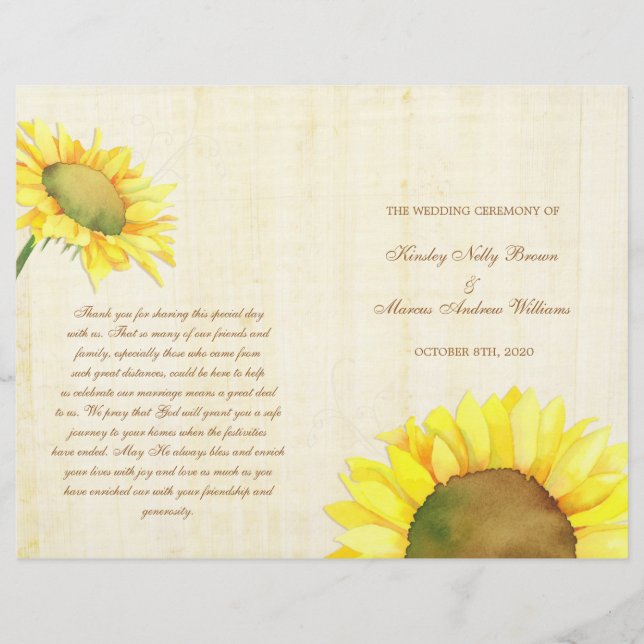Rural Sunflowers Wedding Ceremony Bi Fold Programs (Front)