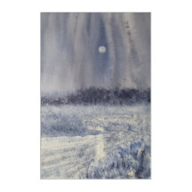 Rushing Creek Under Moon Watercolor Print