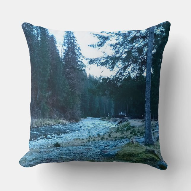 Rushing Mountain Stream – Wild Nature Romania Throw Pillow (Front)