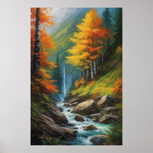 Rushing Stream in the Vibrant Autumn Forest Poster