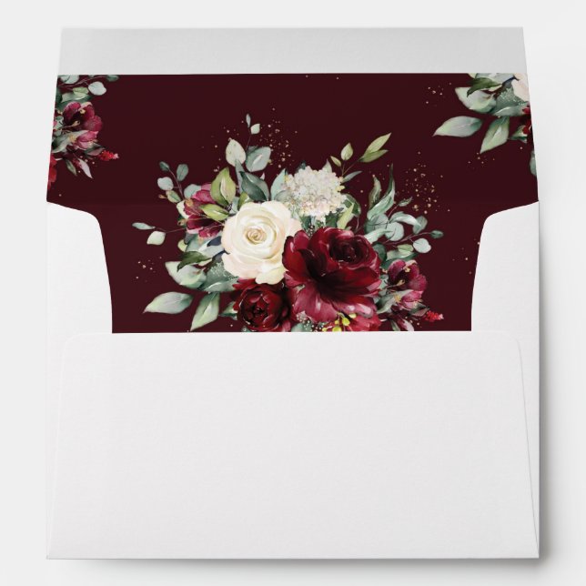 Rusic Burgundy Ivory White Floral Wedding Envelope (Back (Bottom))