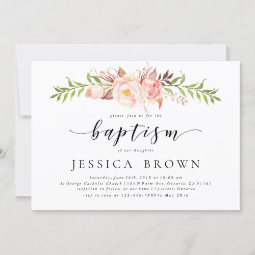 Rusic Floral Watercolor Peony Baptism Invitation