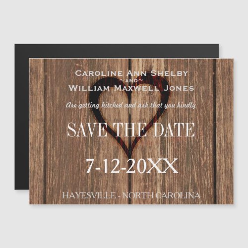 Rusic Wood and Engraved Heart Save the Date Magnetic Invitation