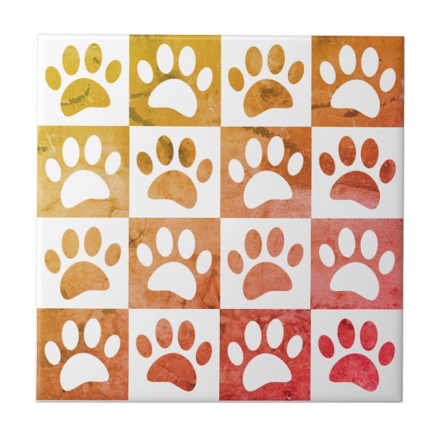 Rusitc Dog Paw Prints In Squares Decortative Ceramic Tile (Front)