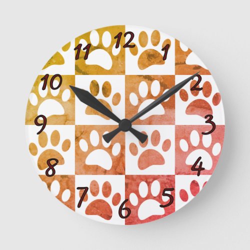 Rusitc Dog Paw Prints In Squares Decortative Round Clock