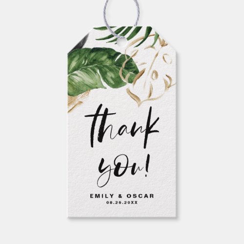 Rusitc Gold Foil Tropical Leaves Wedding Thank You Gift Tags