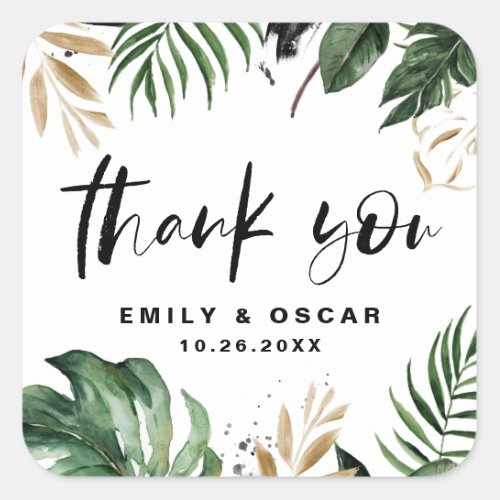 Rusitc Gold Foil Tropical Leaves Wedding Thank You Square Sticker
