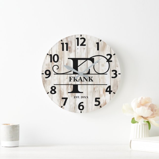 Rusitc Wood Background F Monogram Large Clock (Home)