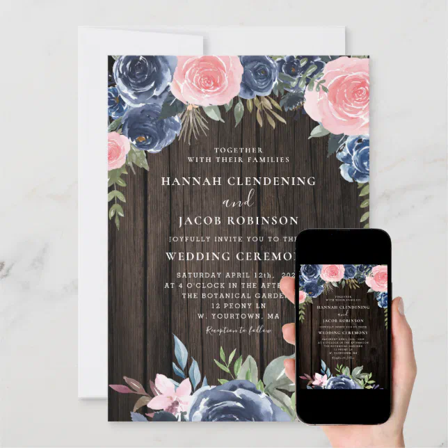 Rusitc Wood Blush Pink Navy Floral Wedding Invitation Zazzle