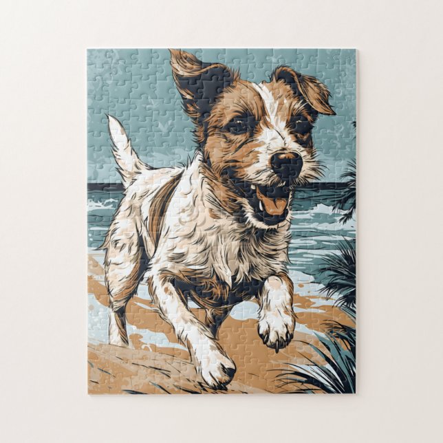 Russel-terrier at the beach jigsaw puzzle (Vertical)
