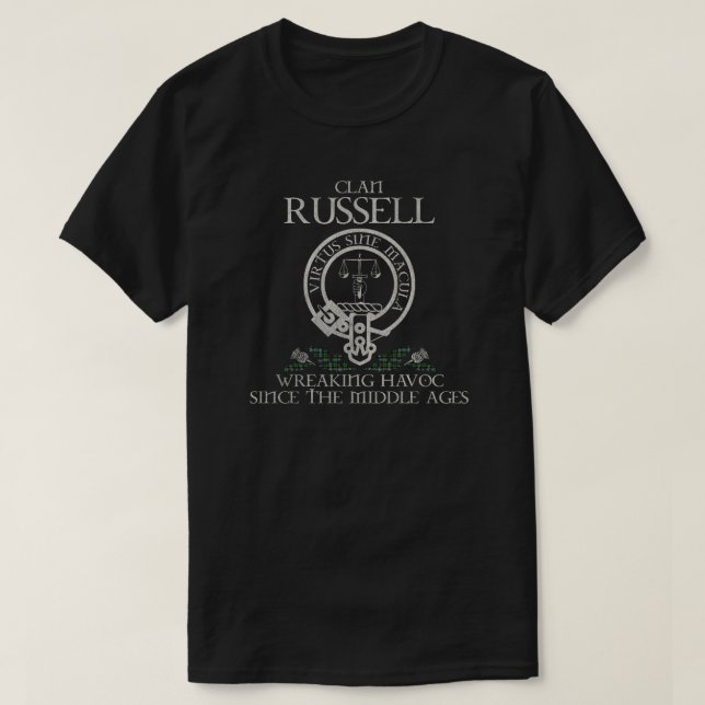 Russell Clan crest Scottish surname tartan Thistle T-Shirt (Design Front)