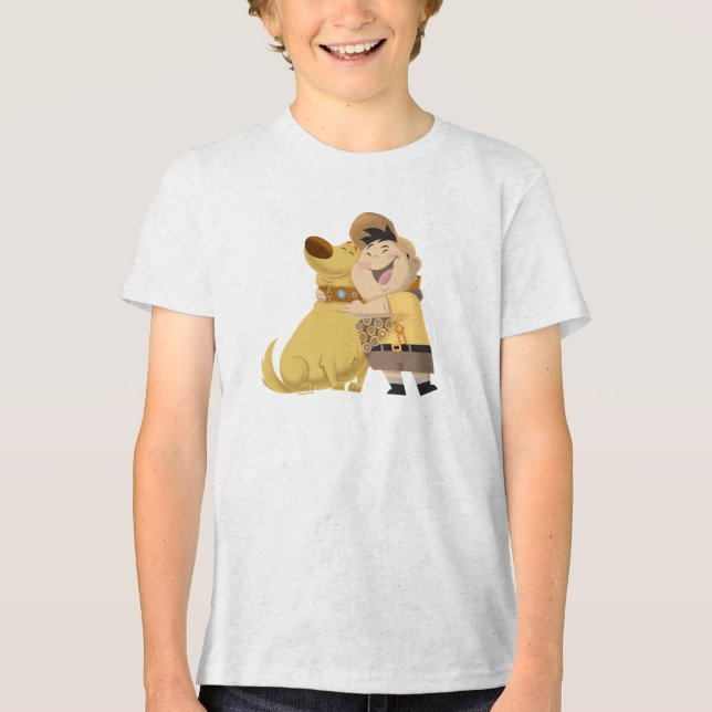Russell hugging Dug - Pixar UP! Tri-Blend Shirt (Front)