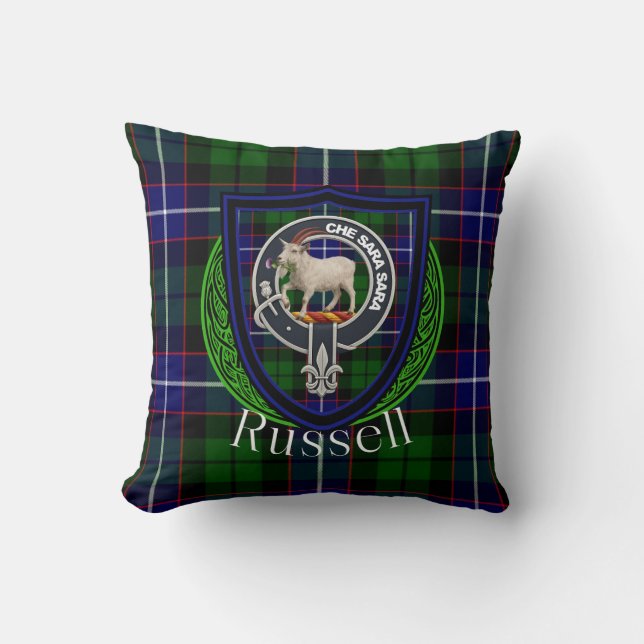 Russell Scottish Clan Tartan & Crest Throw Pillow (Front)