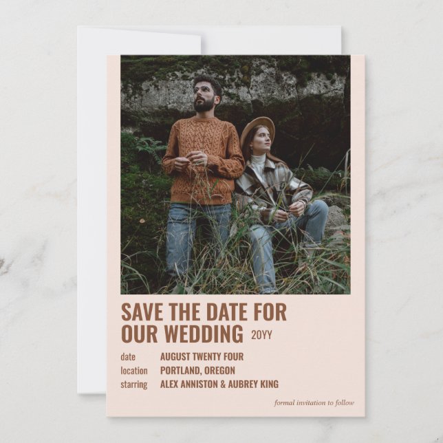 Russet & Almond Pink Hipster Movie Poster Photo Save The Date (Front)