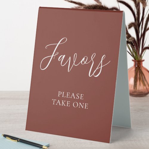 Russet Red and White Modern Script Wedding Favors Table Tent Sign