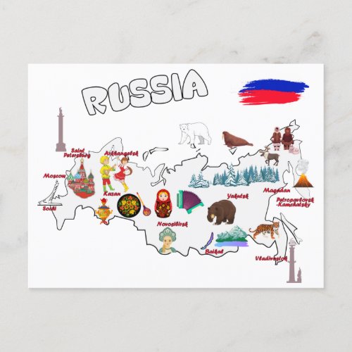 Russia Map Landmarks tourist attractions cities Postcard