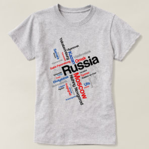Russia Map Silhouette Largest Cities Word Cloud T-Shirt