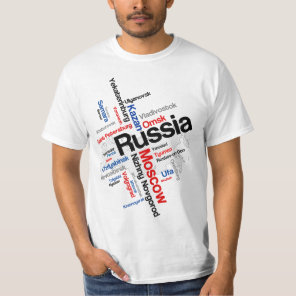 Russia Map Silhouette Largest Cities Word Cloud T-Shirt