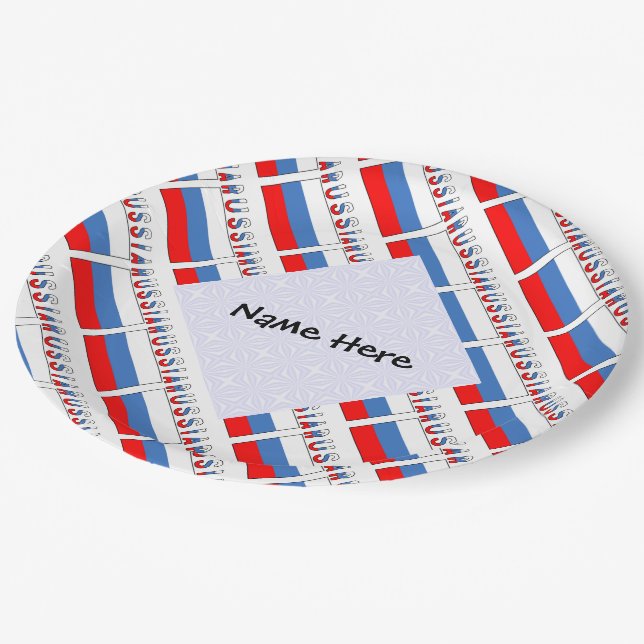 Russia Russian Flag Tiled Black Personalization  Paper Plates (Angled)