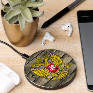 Russia Rustic Wood, Russian Coat of Arms, flag Wireless Charger