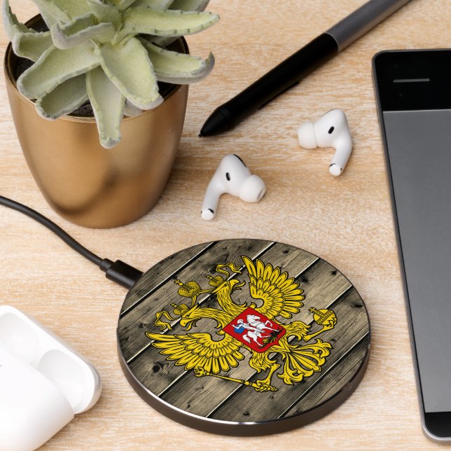 Russia Rustic Wood, Russian Coat of Arms, flag Wireless Charger (Desk 2)