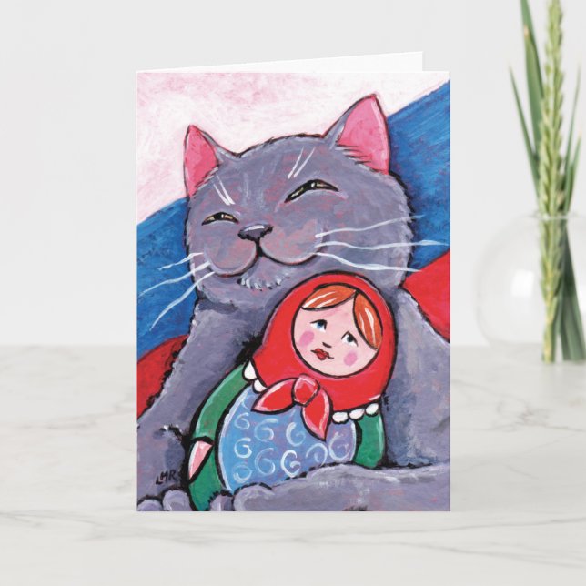 Russian Blue and Babushka Doll | Patriotic Cat Art Card (Front)