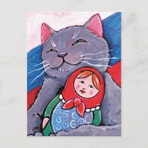Russian Blue and Babushka Doll  Patriotic Cat Art Postcard