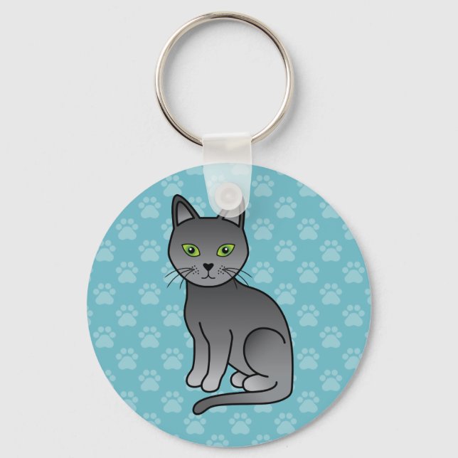 Russian Blue Breed Cartoon Cat Design Keychain (Front)