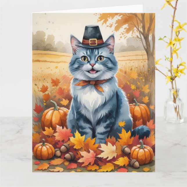 Russian Blue Cat  Autumn Leaves Thanksgiving Art Card (Yellow Flower)