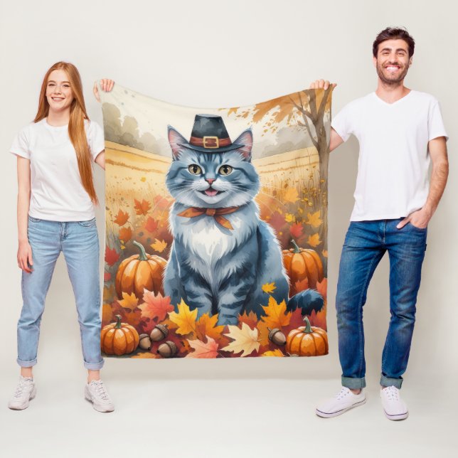 Russian Blue Cat  Autumn Leaves Thanksgiving Art Fleece Blanket (In Situ)