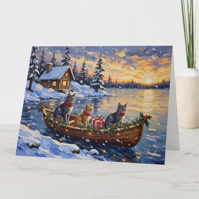 Russian Blue Cat Christmas Boat Holiday Card (Front)