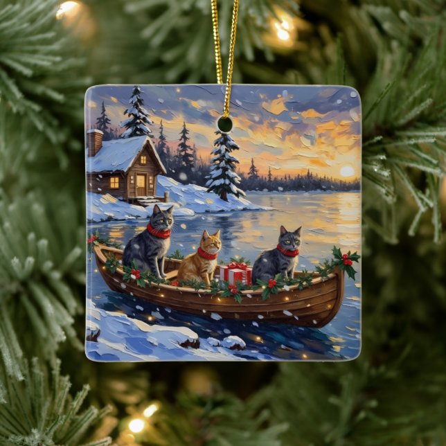 Russian Blue Cat Christmas Boat Holiday Ceramic Ornament (Tree)