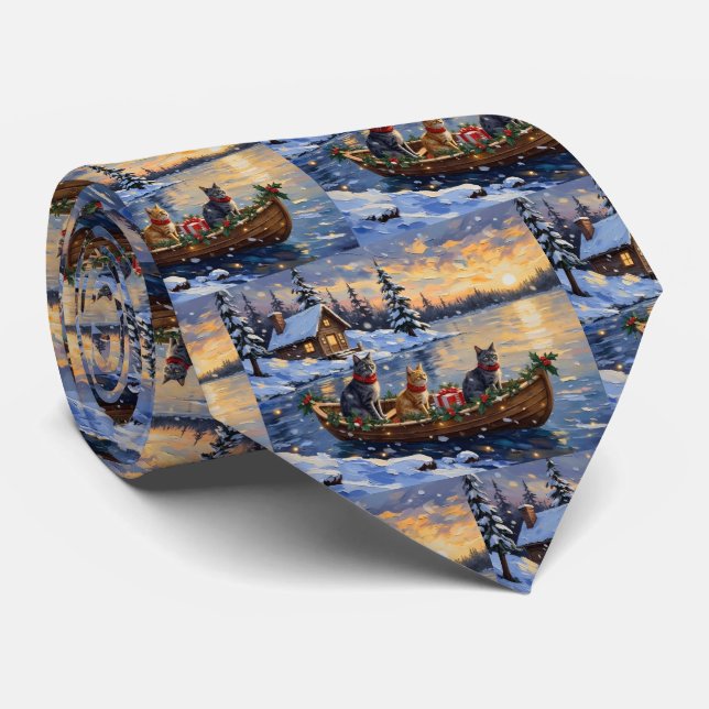 Russian Blue Cat Christmas Boat Holiday Neck Tie (Rolled)