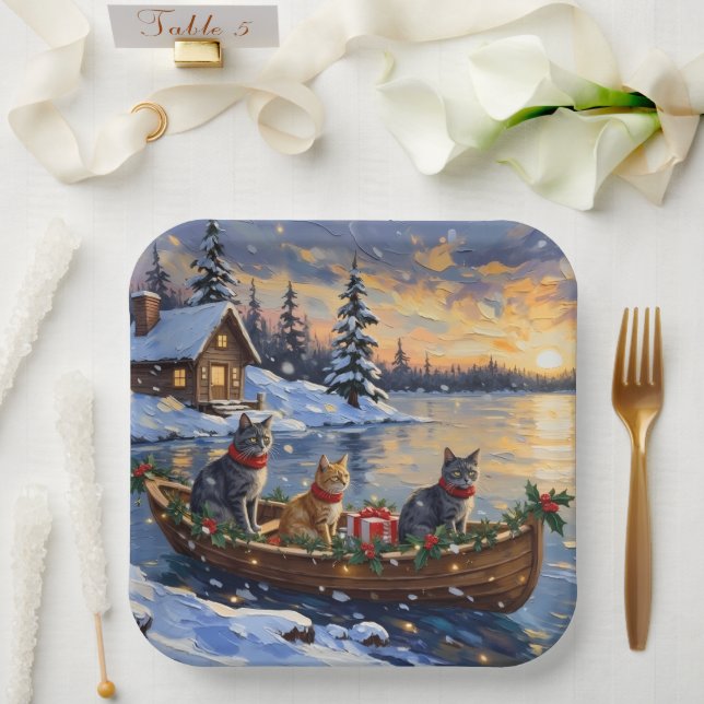 Russian Blue Cat Christmas Boat Holiday Paper Plates (Wedding)
