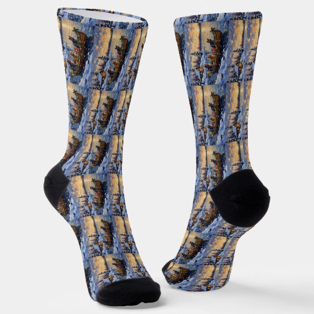 Russian Blue Cat Christmas Boat Holiday Socks (Angled)