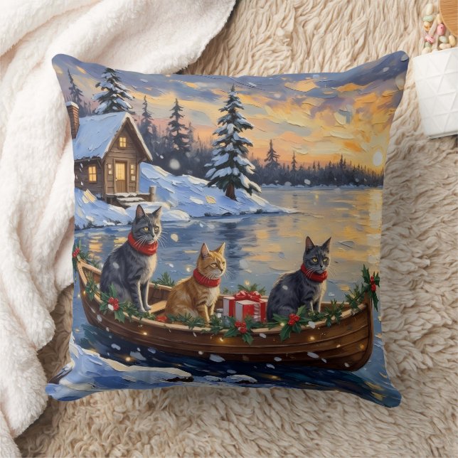 Russian Blue Cat Christmas Boat Holiday Throw Pillow (Blanket)