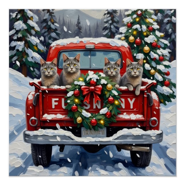 Russian Blue Cat Christmas Red Truck Holiday Poster (Front)