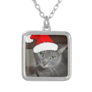 Russian Blue Cat Christmas Silver Plated Necklace
