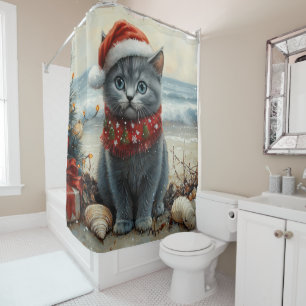 Russian Blue Cat Christmas Vintage Beach Shower Curtain