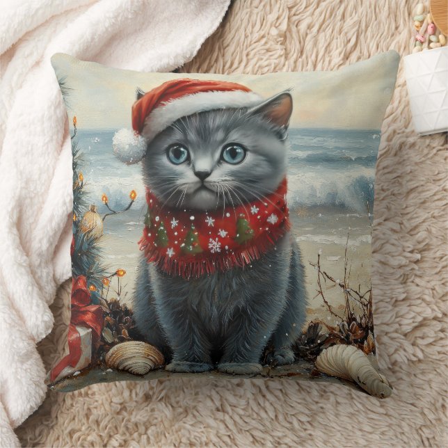 Russian Blue Cat Christmas Vintage Beach  Throw Pillow (Blanket)