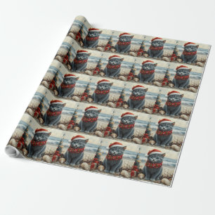 Russian Blue Cat Christmas Vintage Beach  Wrapping Paper