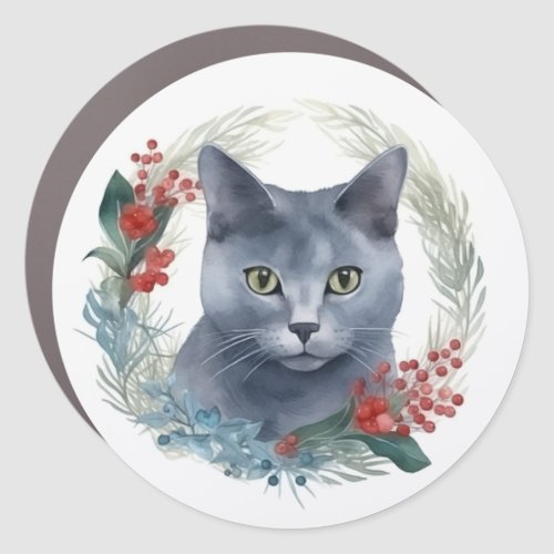 Russian Blue Cat Christmas Wreath Festive Kitten Car Magnet