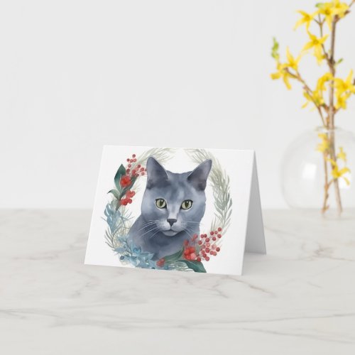 Russian Blue Cat Christmas Wreath Festive Kitten Card