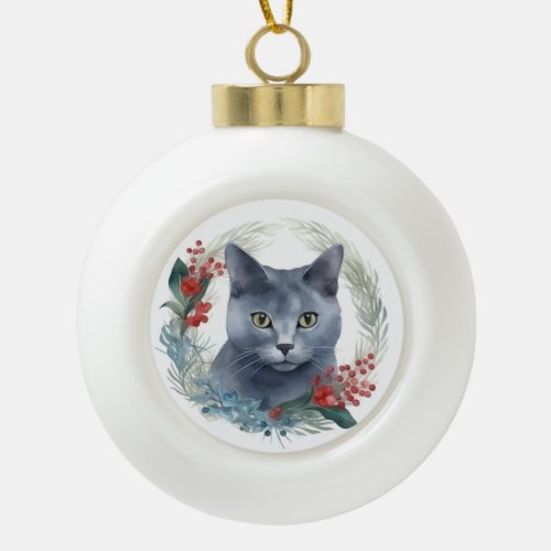 Russian Blue Cat Christmas Wreath Festive Kitten Ceramic Ball Christmas Ornament