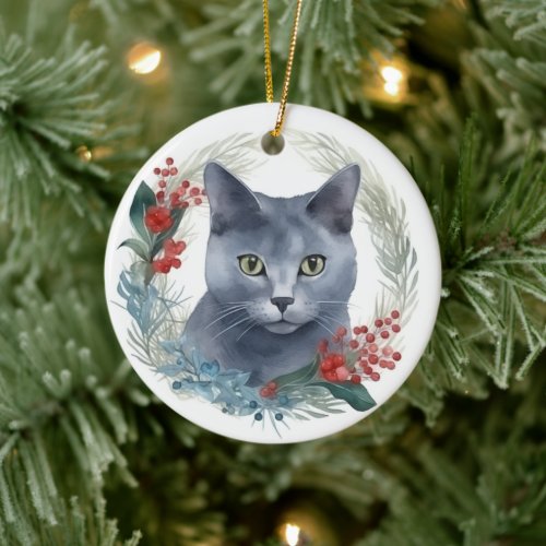 Russian Blue Cat Christmas Wreath Festive Kitten Ceramic Ornament