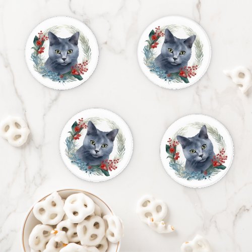 Russian Blue Cat Christmas Wreath Festive Kitten Coaster Set