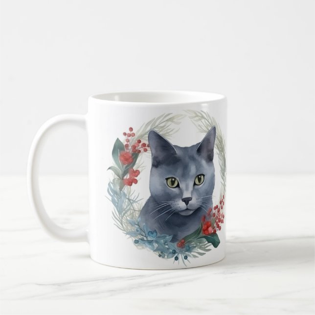 Russian Blue Cat Christmas Wreath Festive Kitten Coffee Mug (Left)
