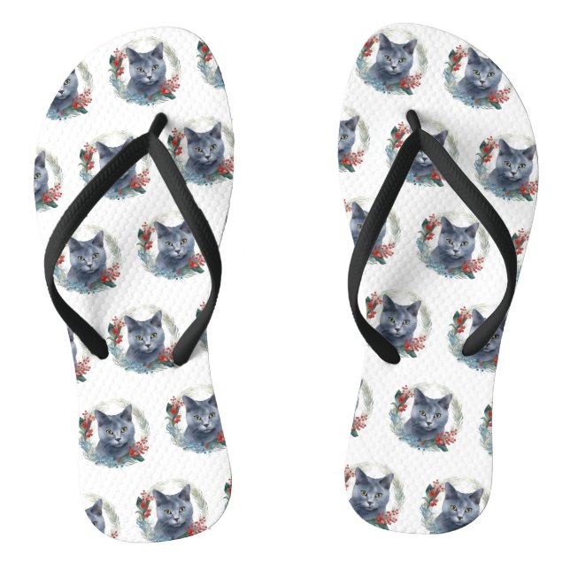 Russian Blue Cat Christmas Wreath Festive Kitten Flip Flops (Footbed)